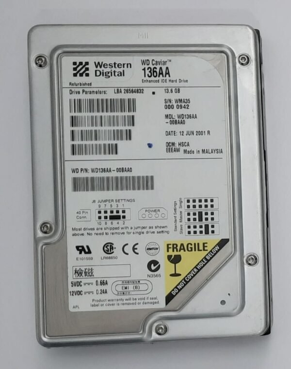 Western Digital Caviar 136AA IDE Festplatte (13.6GB, retro, 2001)