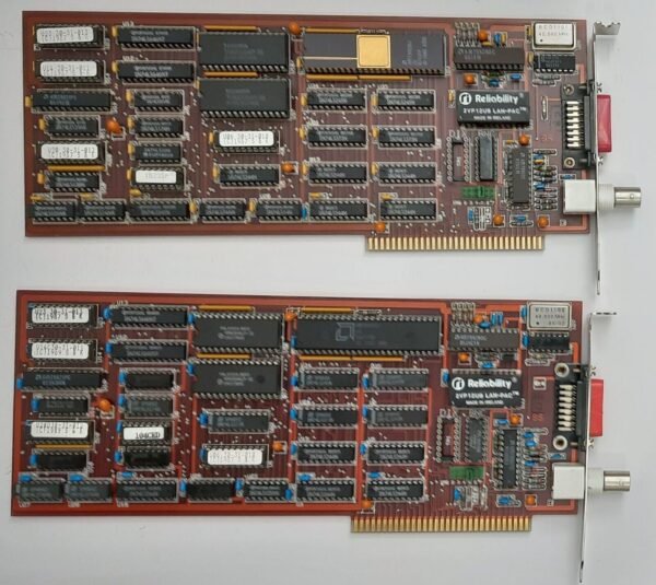 2x ENET AMD LANCE ISA Netzwerkkarte (BNC, Koax, Am7990, rot, retro, 1988)